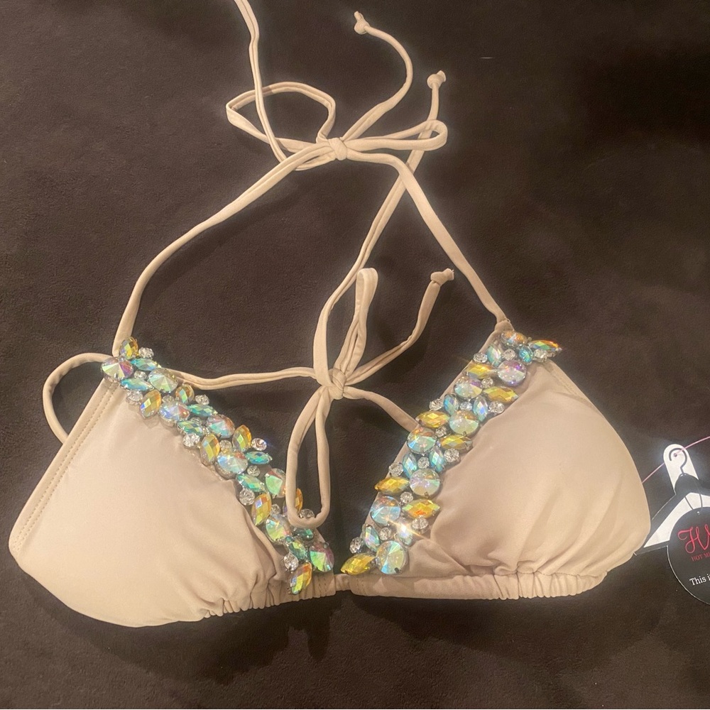 Hot Miami Styles swim suit in tan with Jewel detailing.